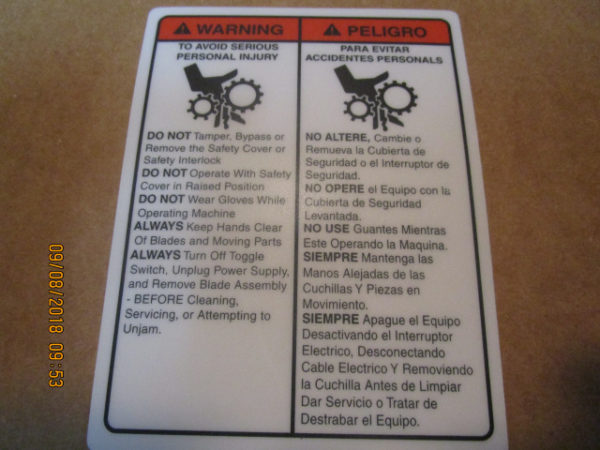 HOBART 403 TENDERIZER WARNING DECAL